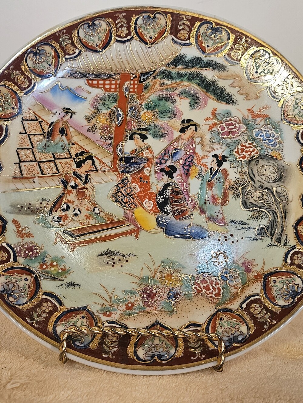 Vintage Satsuma Style Hand Painted Geisha Porcelain Display Plate 10”